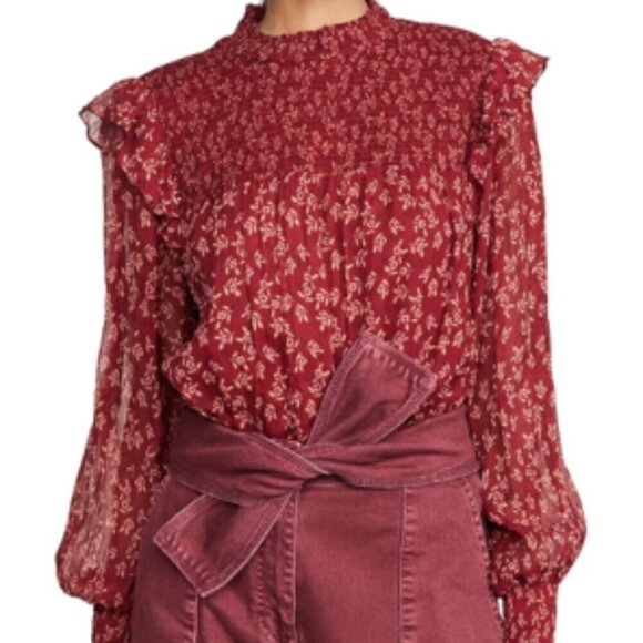FREE PEOPLE Red Berry Roma Boho Floral Smocked Long Sleeve Blouse XS - Picture 1 of 16